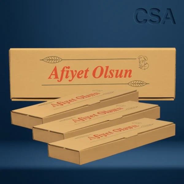 Pide ve lahmacun gibi uzun formdaki yiyecekler için tasarlanmış, sade baskılı kraft restaurant kutuları