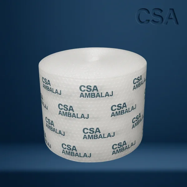 CSA Ambalaj yazılı beyaz baskılı balonlu naylon rulo – üstten görünüm